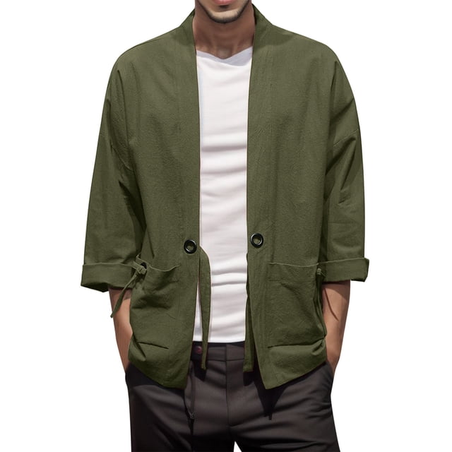 SHIXIAOO Mens Style National Style Retro Loose Thin Cardigan Kimono Japanese Robe 7 Cropped Sleeve Coat Plus Size Retro Tang Suit Hood Cardigan Men Cardigan for Men Zip up Mens Cardigans Sweaters Tan