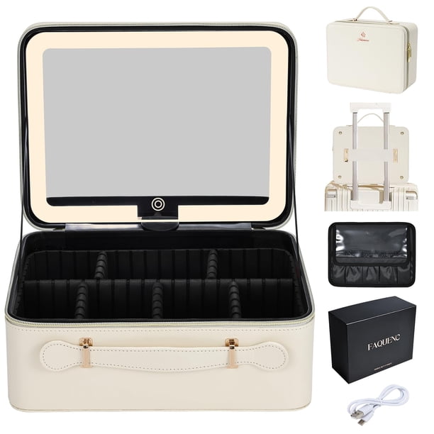 Estuche de maquillaje Faquenc Leather con espejo iluminado por LED y soporte para brochas
