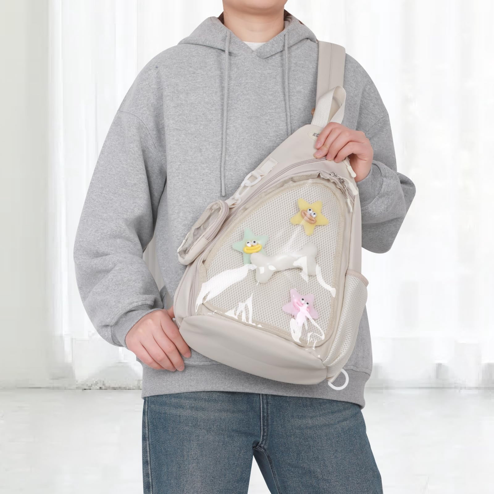 Cute Ita Bag for Men Women Kawaii Pin Display Backpack Fanny Pack Black Crossbody Hiking Day Pack