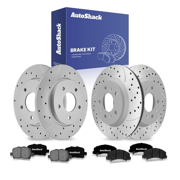 AutoShack Front Vented & Rear Solid Drilled & Slotted Coated Brake Rotors Silver Matte Finish   Premium Ceramic Pads 12-PC Brake Kit Replacement for 2012-2013 Chevrolet Impala TurboGuard