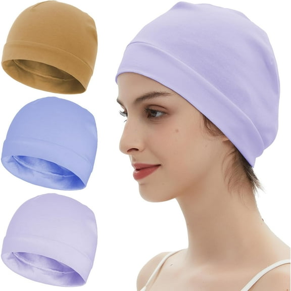 3 Pieces 100% Cotton Skull Caps Beanie for Men Women Lightweigt Night Cap Sleep Hats Breathable Helmet Liner