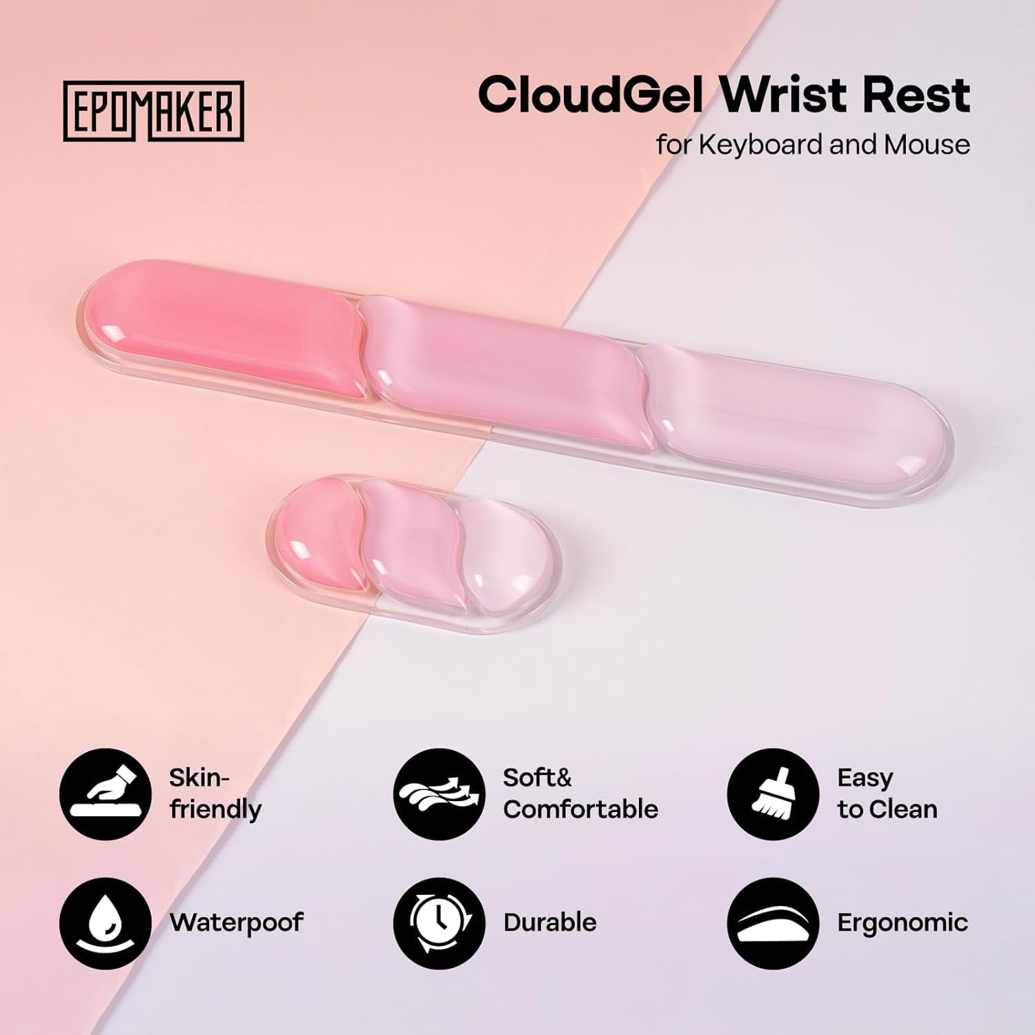 CloudGel Wrist Rest for Keyboard and Mouse, 2 Pieces Silicone Wrist Support, Anti-Slip Rubber Bottom, Ergonomic Design, Suitable for Office/Computer/Laptop/Gaming (Pink)