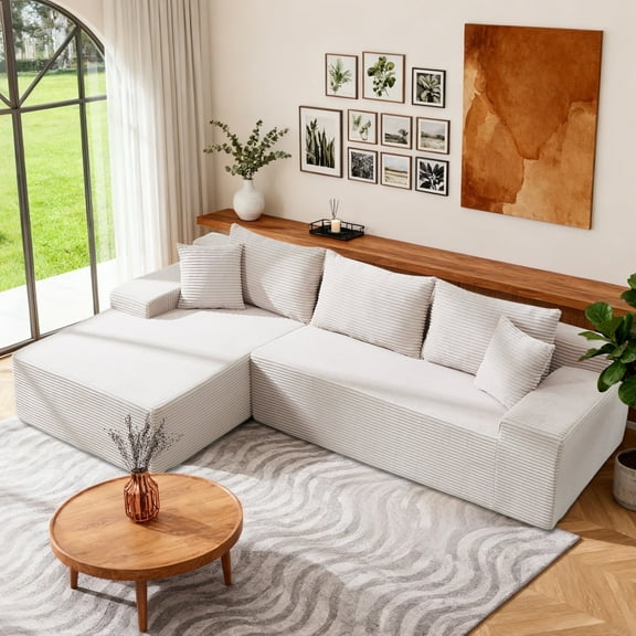 Alukang 105" Modular Sectional Sofa for Living Room Bedroom, Modern L-Shaped Boneless Couch with Deep Seat, Corduroy Cloud Couch with Memory Foam, No Assembly Required (Beige, Left Facing Chaise)