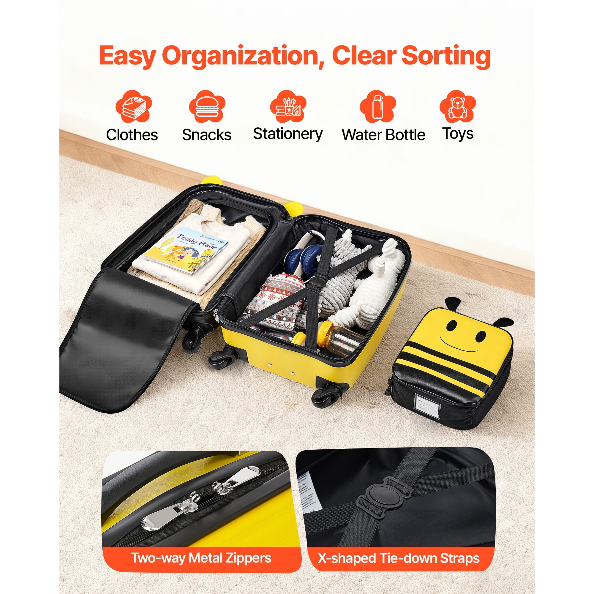 KFFKFF Kids Luggage Set, 5-Piece, 18-Inch Hard-Shell Rolling Suitcase with Backpack & U-Shaped Pillow, Bee-Themed Carry-On for Children, Travel Gift for Boys and Girls, Airline Friendly