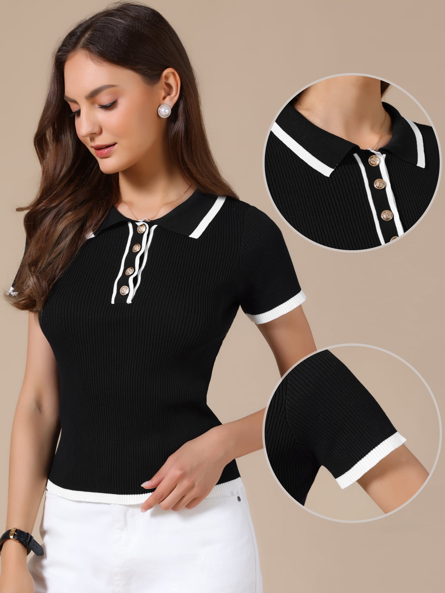 DARING DIVA Women's Work Short Sleeve Polo V Neck Ribbed Knit Pullover Tops S Black