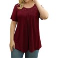 thumbnail image 1 of Guardurnaity Camiseta de mujer Túnica plisada Top Cuello Manga corta Blusa de encaje de encaje de manga corta Prendas para la parte del cuerpo Vino rojo S Guardurnaity AP003108-16, 1 of 5