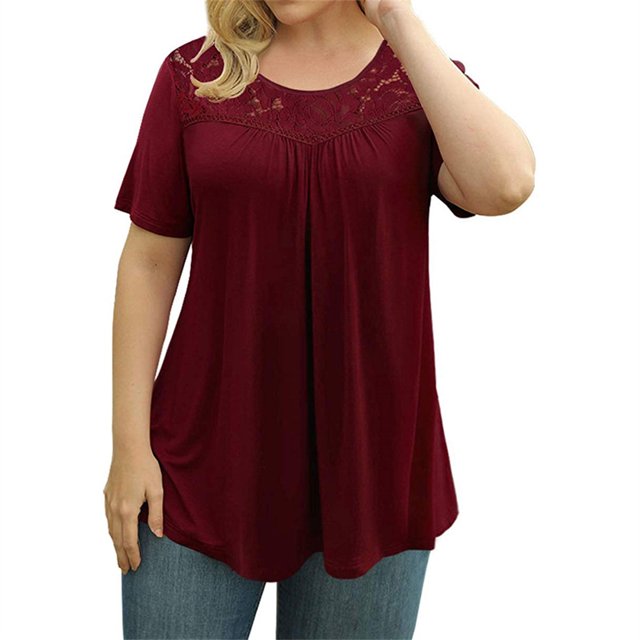 Guardurnaity Camiseta de mujer Túnica plisada Top Cuello Manga corta Blusa de encaje de encaje de manga corta Prendas para la parte del cuerpo Vino rojo S Guardurnaity AP003108-16