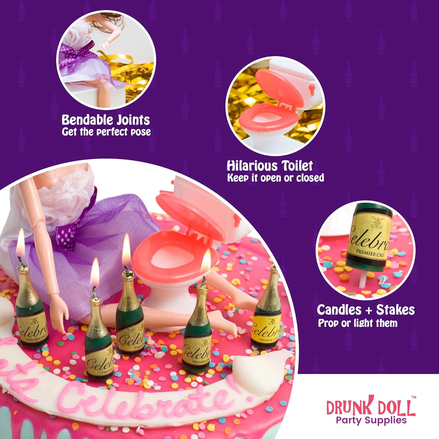 Drunk Doll Cake Topper Funny 21st Birthday Decoration Kit (Brunette)