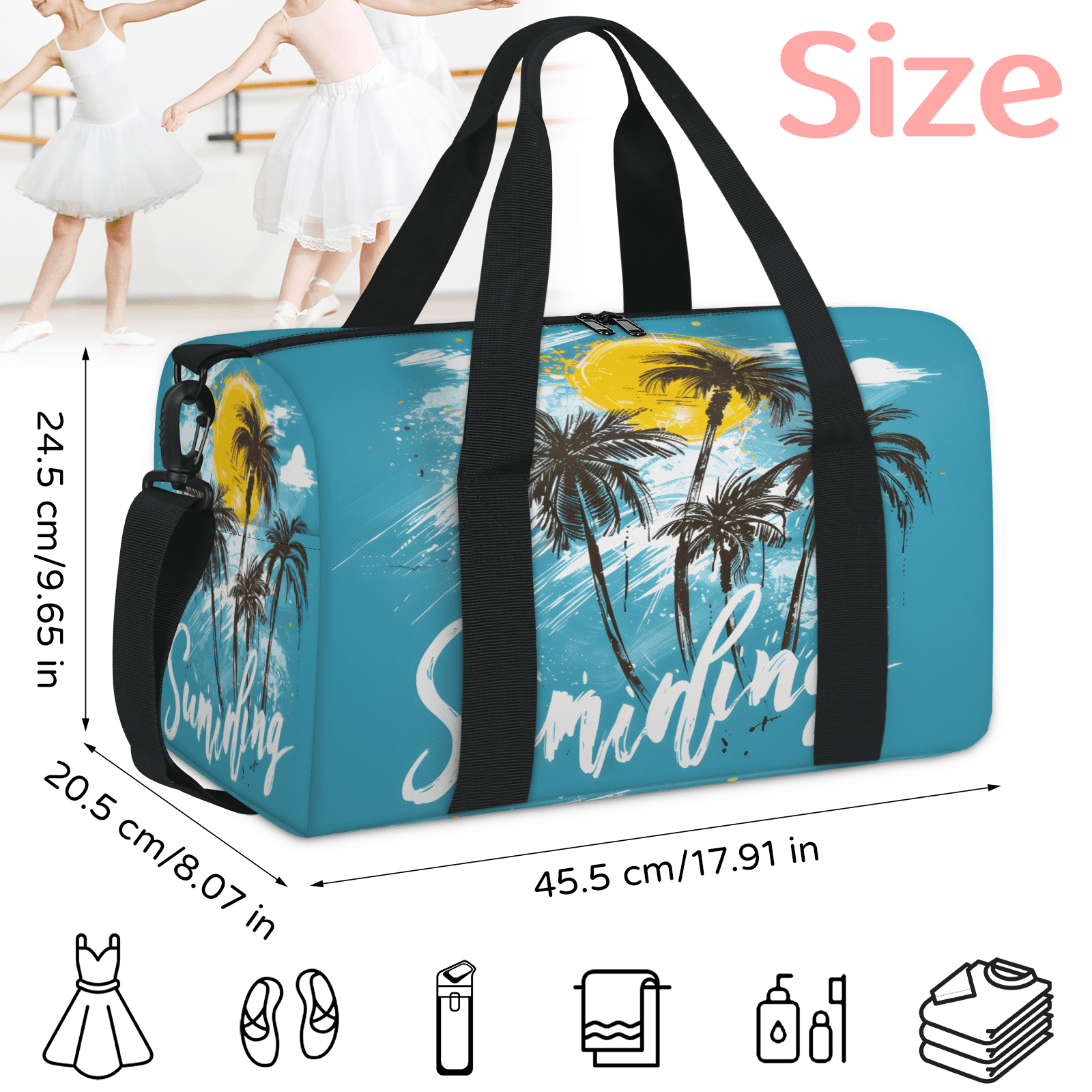 Herdesigns Tropical Beach Travel Duffle Bag Sports Yoga Weekender Overnight Carry on Workout Bags Lightweight Waterproof Gym Tote Bag for Women Palm Tree Summer