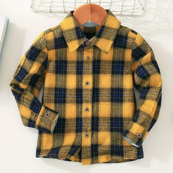 Boys Flannel Shirts Kids Long Sleeve Casual Plaid Shirt Cotton Checked Button Down Tops Yellow 3-4 Years
