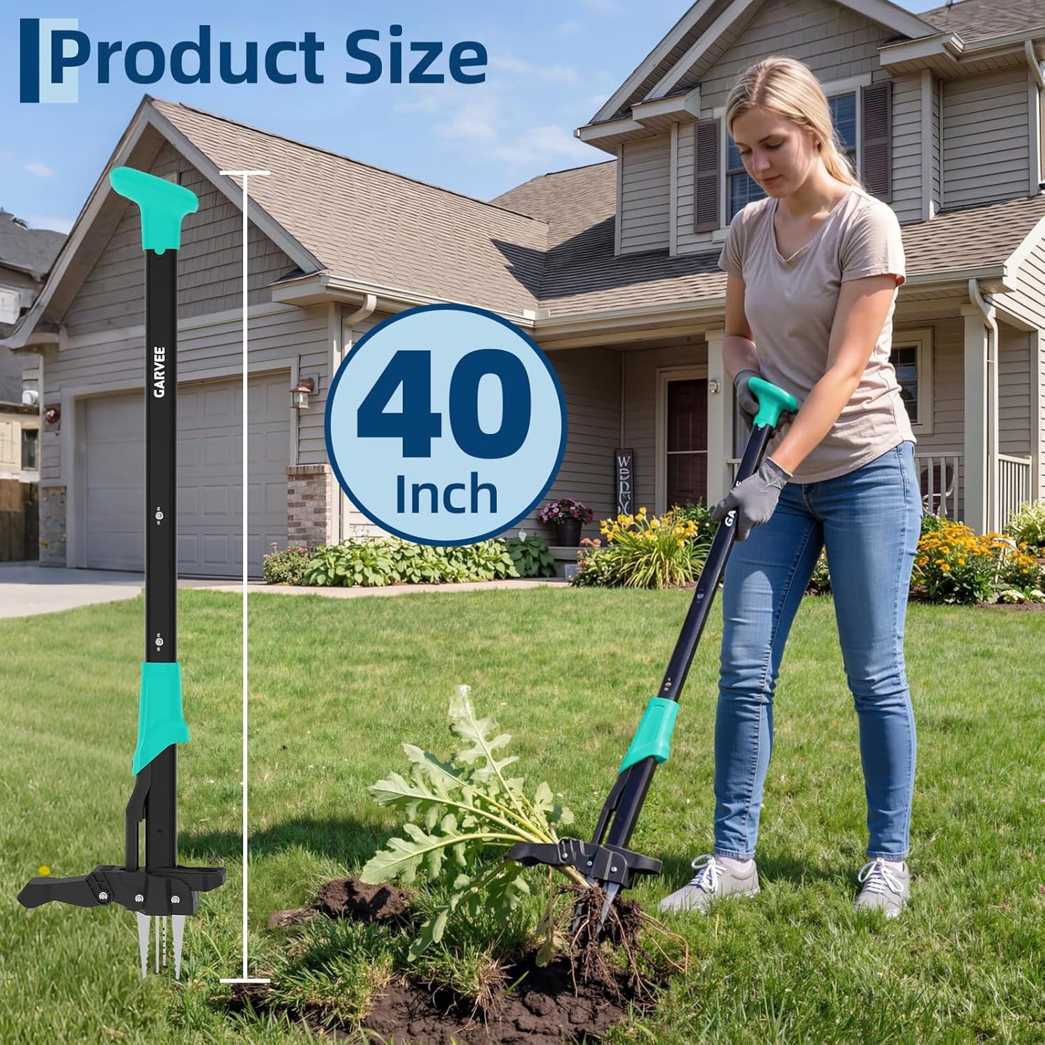 Acekid 4-Claw Stand Up Weed Puller, Gardening Hand Weeding Tool with 40" Handle, Light Blue