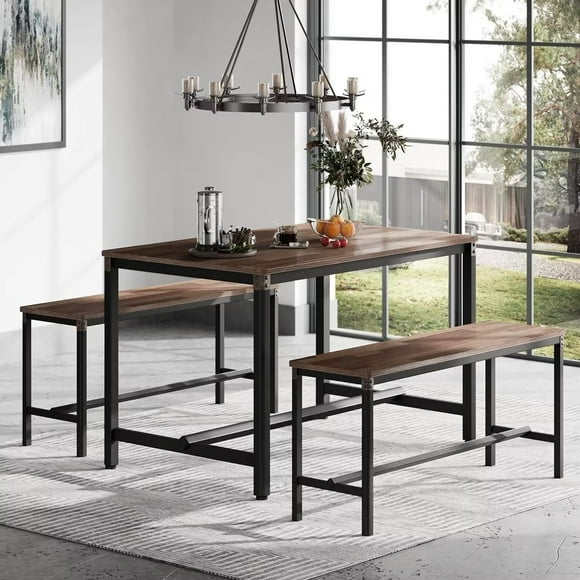 HOMOOI Ensemble de Table à Manger avec 2 Banquettes, Ensemble de Table de Cuisine 3 Pcs pour 4 avec Repose-Pieds Ergonomiques, Décor en Métal Riveté et Dessus à Grain de Bois Assemblé, 47.2 Pouces L x 29.5 Pouces P x 29.5 Pouces H