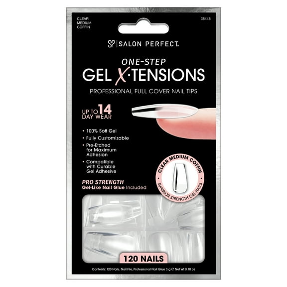 Salon Perfect Artificial Fake Press On Nail Tips, 302 Gel X-Tension, Clear, Medium Coffin, File and Glue Included 120 Nails