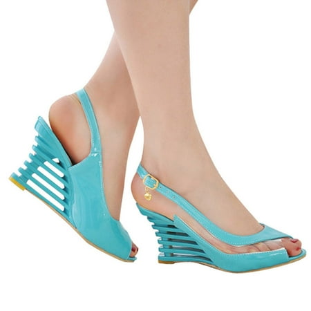 

Flat Buckle Peep Toe Wedges Heel High Heel Women Ssandals Shoes Blue 38