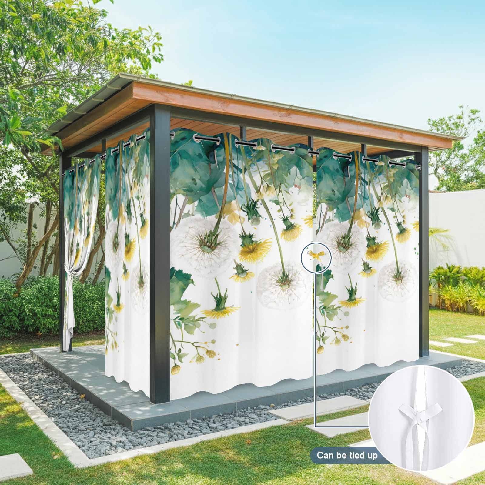 White Dandelions Outdoor Curtains for Patio, Summer Botanical Yellow Flower Green Leaf Farmhouse Sunshade Privacy Drapes Grommet Waterproof Outside Curtains for Porch/Cabana/Balcony 54"x108", 1 Panel