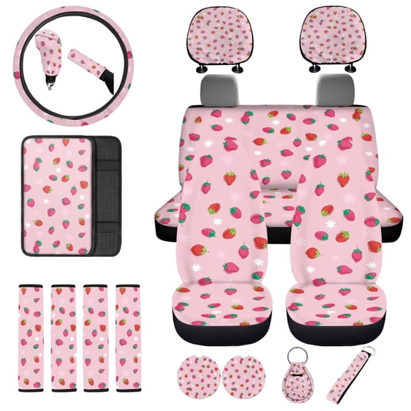 Uorisanigo Cute Strawberry 18 Pcs Car Seat Cover Set with Steering Wheel Covers Seat Belt Shoulder Pads Center Console Pad Cover Headrest Cup Coasters Handbrake Gear Shift Covers Key Chains for Cars