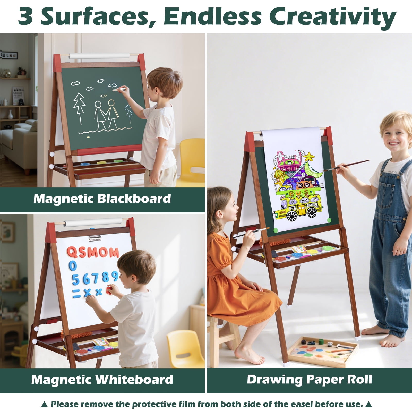 Furnibear Wooden Height-Adjustable Kids Art Easel (Fits Ages 3-12) - Double-Sided Magnetic Board (Dry Erase Whiteboard + Chalkboard), Smooth Burr-Free, Easy to Clean, Natural wood color