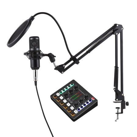 Rupoun Podcast Equipment Bundle Condenser Microphone Kit with Live Sound Card Adjustable Arm Stand Voice Changer for Streaming Gaming Recording Singing Online Chatting PC Smartphone Black