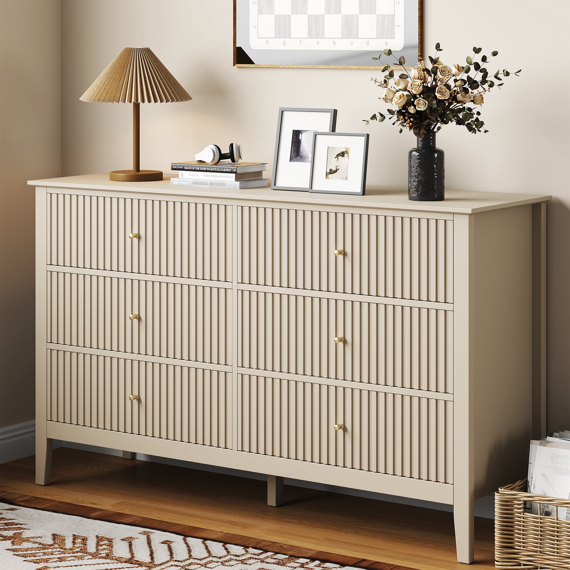 May in Color Fluted 6 Drawer Dresser, Wide Modern Chest of Drawers, Large Wood Storage Cabinet Organizer for Bedroom, Living Room, Hallway, Entryway, Beige
