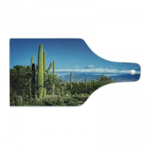 Desert Cutting Board, Wide View of the Tucson Countryside with Cacti Rural Wild Landscape Arizona Phoenix, Tempered Glass Cutting and Serving Board, Wine Bottle Shape, Green Blue, by Ambesonne