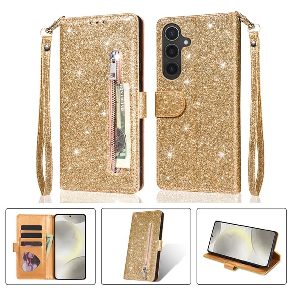 For Samsung Galaxy S26 Wallet Case,Glitter Sparkly Bling PU Leather Zipper Pocket with RFID Blocking Credit Card Holder Slots Shockproof Magnetic Clasp Folio Flip Stand Case,Gold