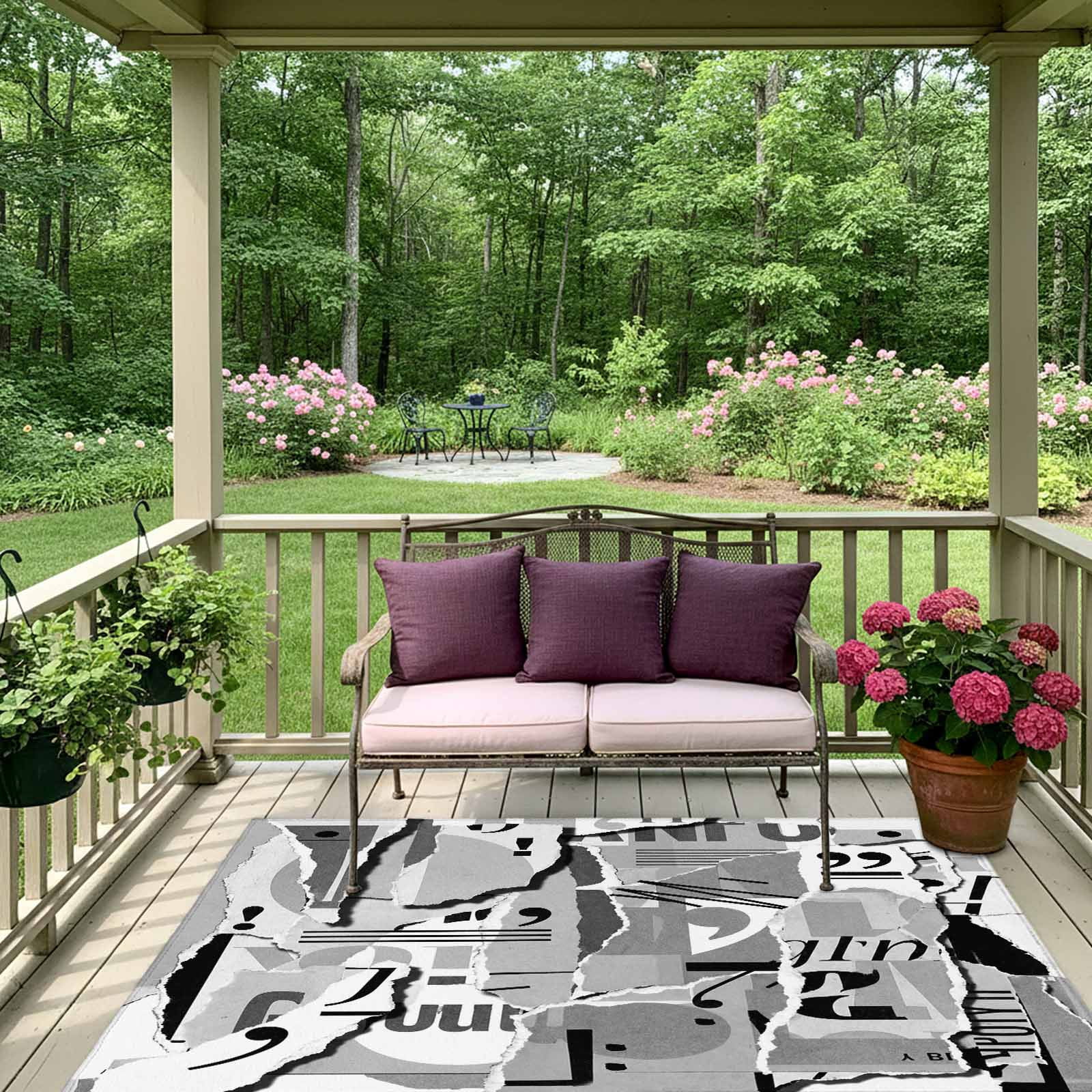 Torn Paper Outdoor Rug 5x8 Ft, Non Slip Washable Area Rug, Vintage Abstract Collage Newspaper Art Patio Rugs Carpet Runner, Large Floor Mat for Indoor/Outdoor Deck Porch Camping