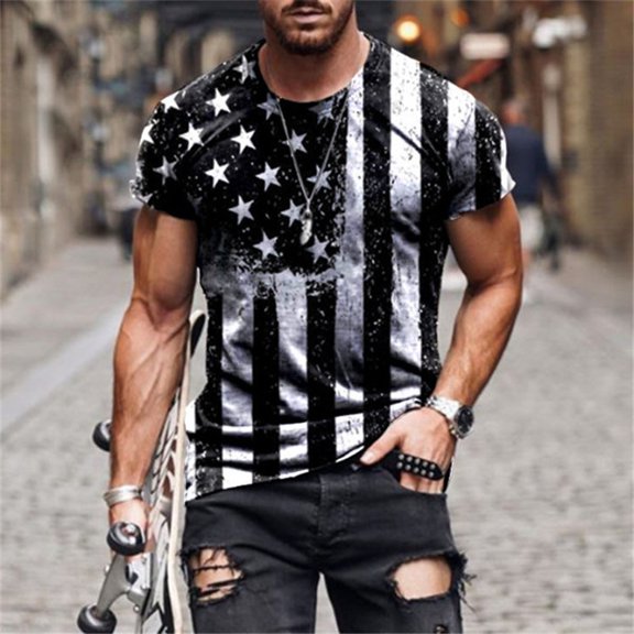 Men's Independence Day T-shirts Fashion American Flag Graphic Print Shirts Summer Crew Neck Casual Patriotic Tees