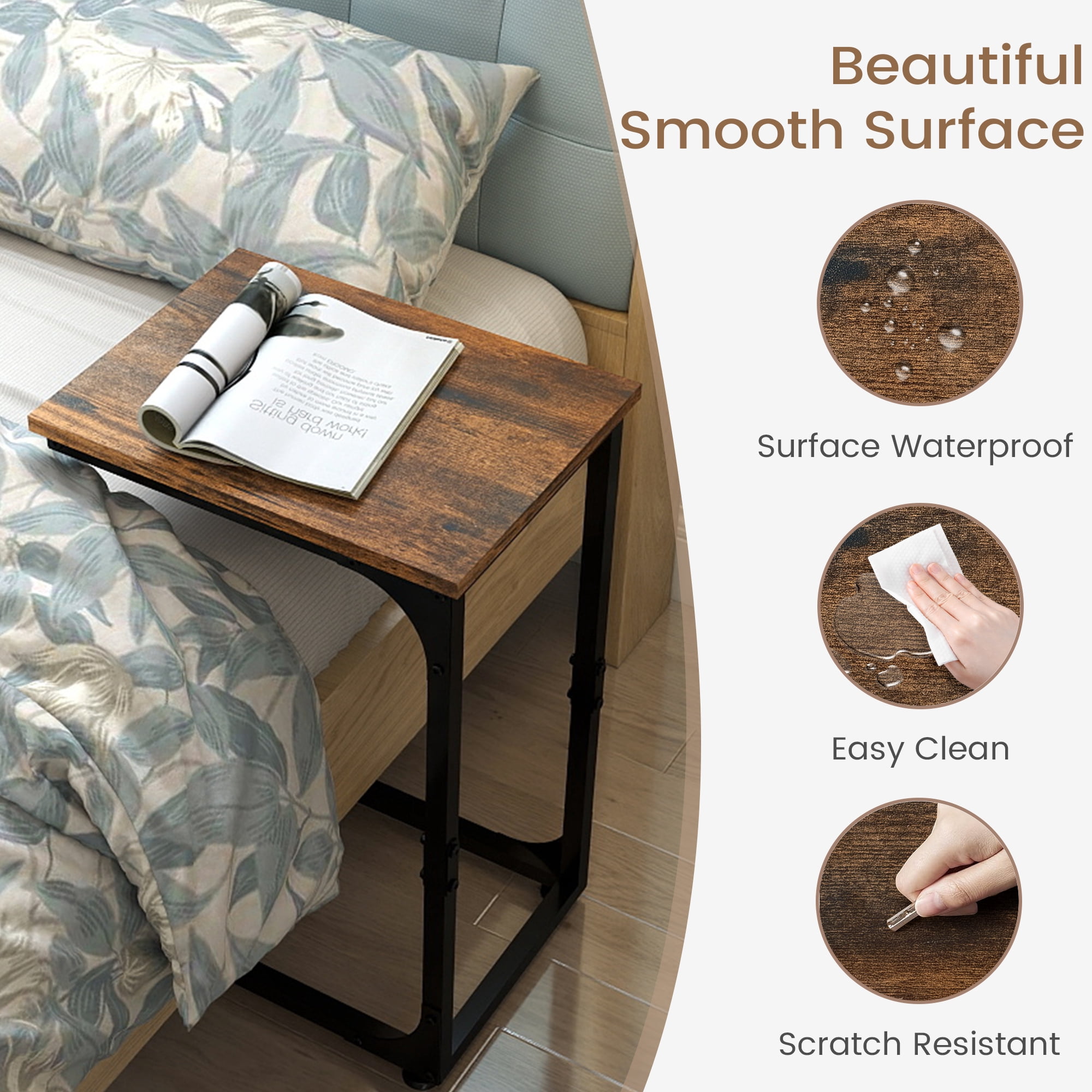 Melocadol C-Shaped End Table, C Shaped Under Couch Slider, Small Side Tables with Metal Frame, Adjustable Feet, for Living Room, Bedside, Sofa, TV Dinner, Recliner, Dark Brown