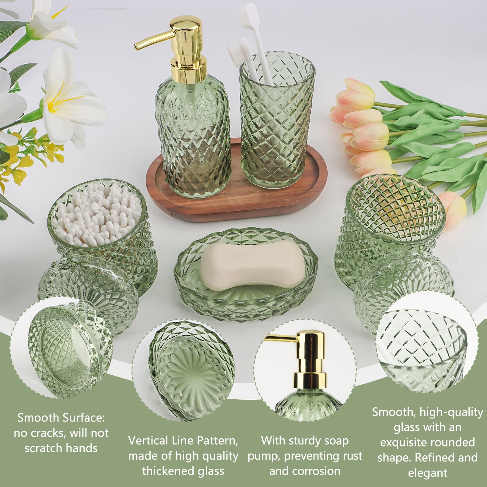 5PCS Bathroom Glass Soap Dispenser Set, Includes 2 Cotton Swab Jars, Cup, Soap Dish, Soap Dispenser, Bathroom Accessories, Green