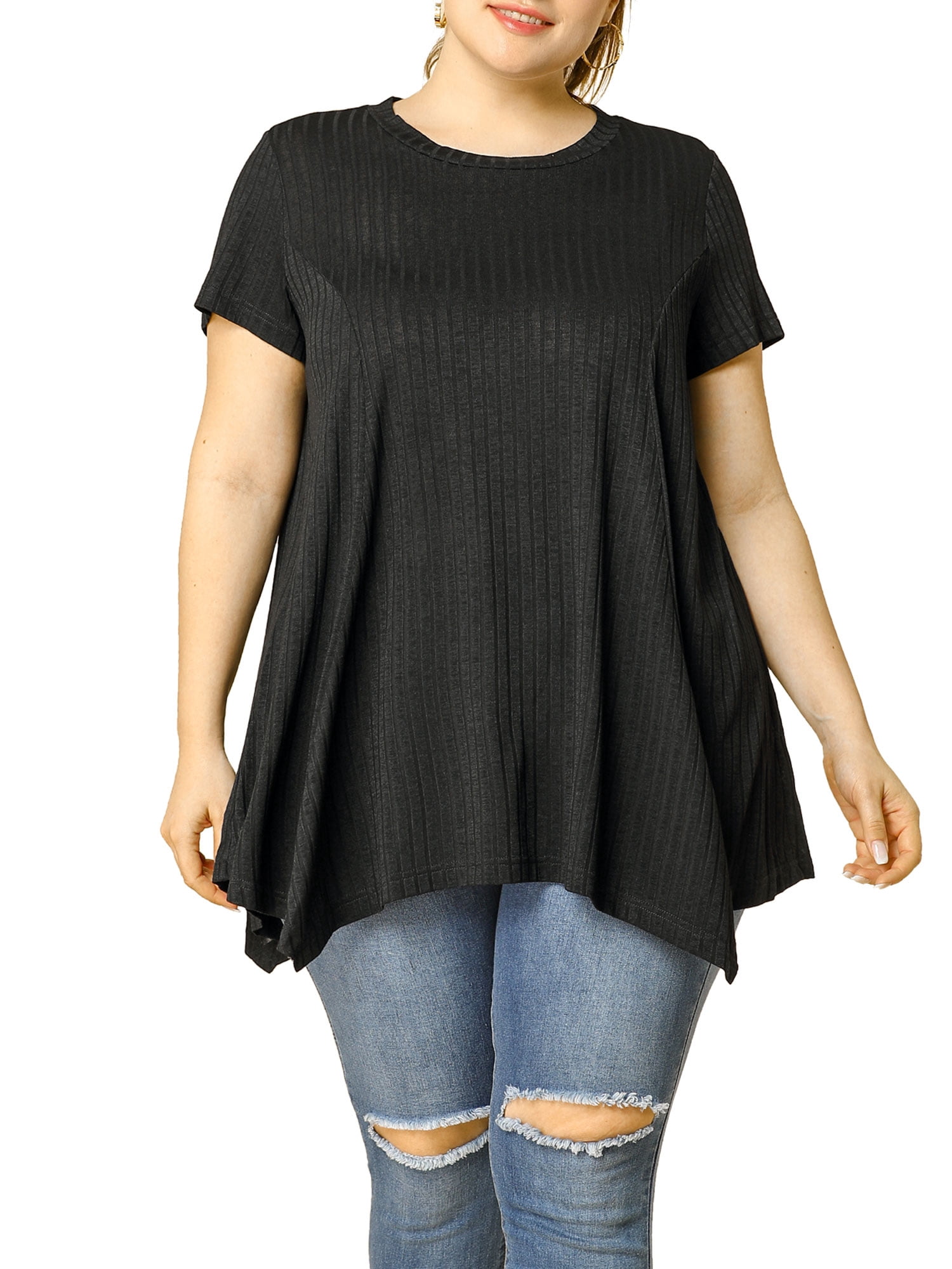 DARING DIVA Women's Plus Crew Neck Flowy Swing Loose Tunic Tops 2X Black