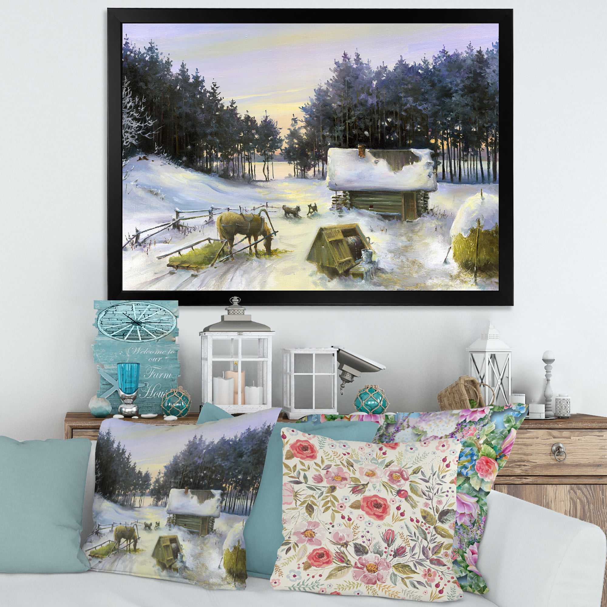 Designart 'Cottage Covered In Snow With Winterscene' Country Framed Art Print