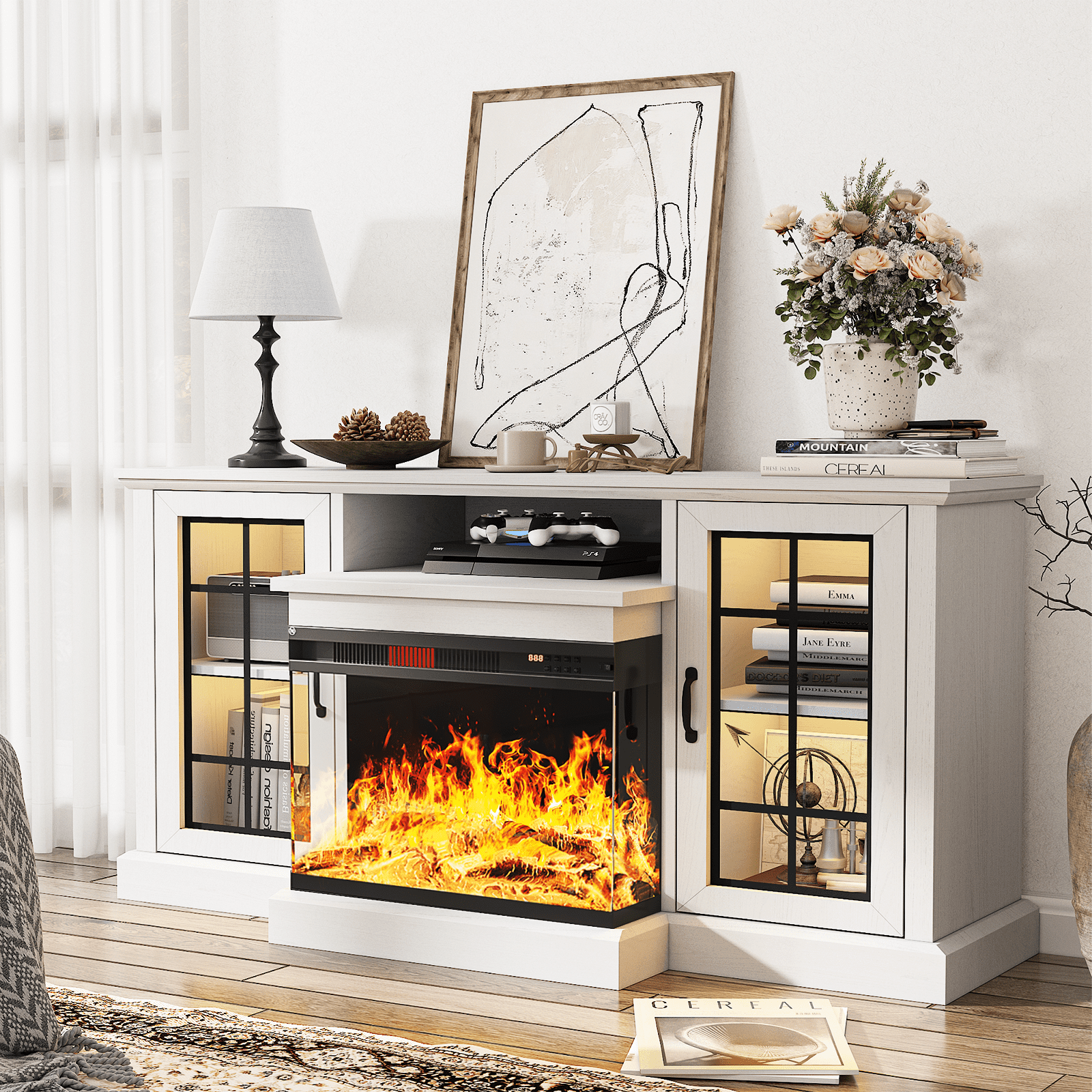 Easoger 59'' Fireplace TV Stand for TVs up to 65", 12 Flame Colors&12 LED Light Colors, TV Console with 3-Sided Glass Fireplace, for Living Room, White