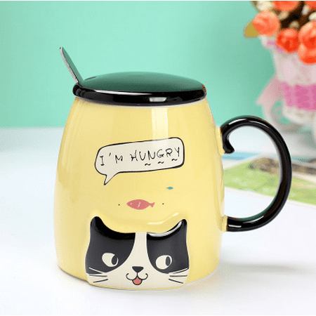 

Livesture Cartoon creative candy color cat ceramic cup embossed creative mug coffee cup with lid and spoon Yellow