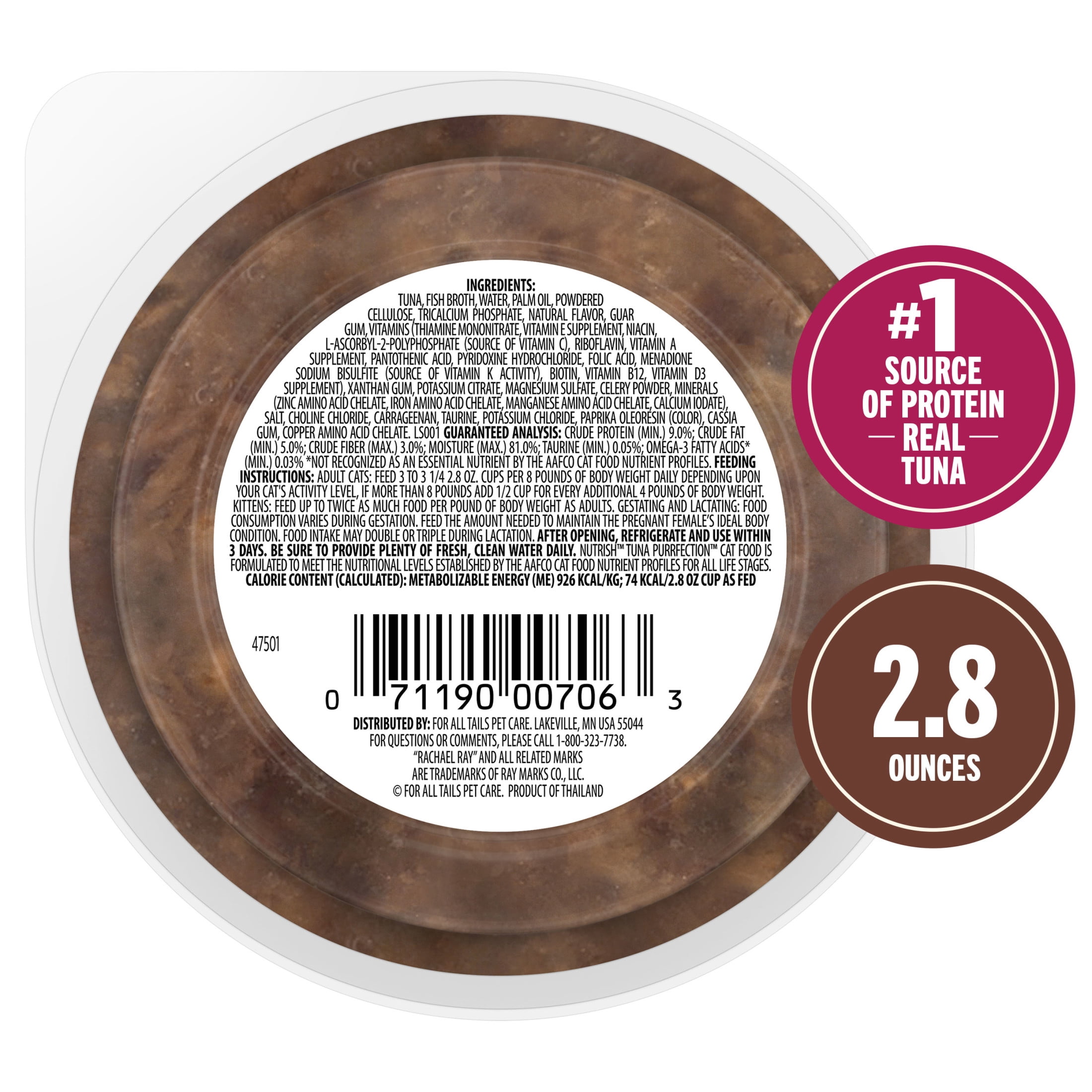 Nutrish Grain Free Wet Cat Food Tuna Purrfection Whole Health Blend with Real Tuna Flakes in a Savory Sauce, 2.8 oz. Cup (Rachael Ray)