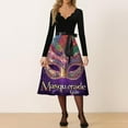 thumbnail image 4 of Hogleaql Mardi Gras Dresses for Women Vintage V Neck Long Sleeve A-Line Carnival Mask Graphic Midi Dress Swing Belted Soft Fashion Costume Purple Pink XL, 4 of 4