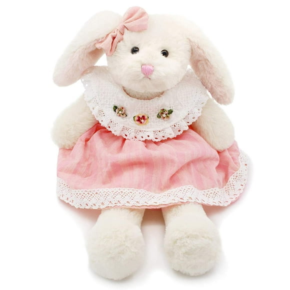 oits cute Small Soft Stuffed Animal Bunny Rabbit Plush Toy for Baby Girls 15inch (White Rabbit Wearing Pink Lace Dress)