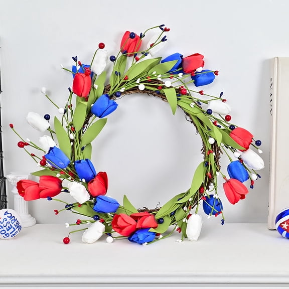 Nkmbld 4th of July Wreaths for Front Door, Artificial Flower Berry Wreath Independence Day Red White Blue Festival Decoration Wreath for Indoor Outdoor Decor