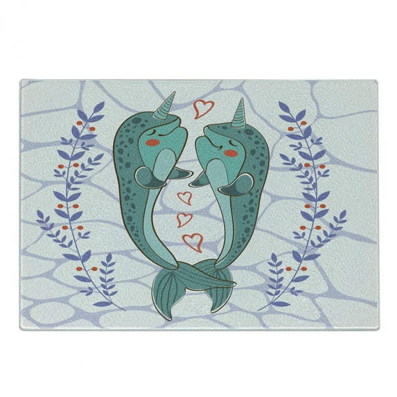 Narwhal Cutting Board, Valenties Day Themed Illustration with Colorful Whales in Love Aquatic Adoration, Decorative Tempered Glass Cutting and Serving Board, Small Size, Multicolor, by Ambesonne
