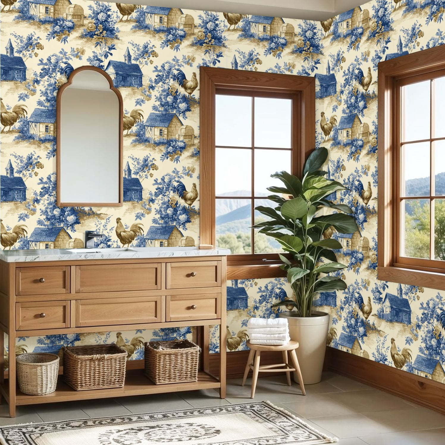 Peel and Stick Wallpaper 23.6in x 9.8ft Farmhouse Toile Roosters Cottages Blue Floral Motifs Contact Paper Vinyl Self-Adhesive Removable Wall Paper for Bedroom Kitchen Cabinet Renter Friendly