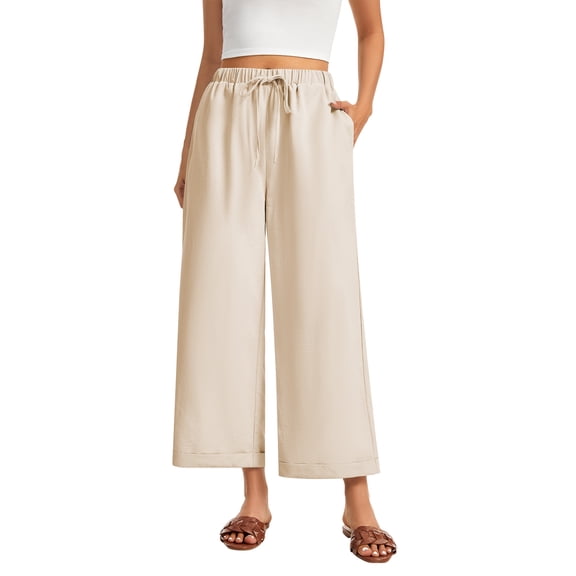 SWQZVT Women's Casual Wide Leg Pants Wide Leg Pants Drawstring Elastic Mid Waist Pants with Pockets Khaki