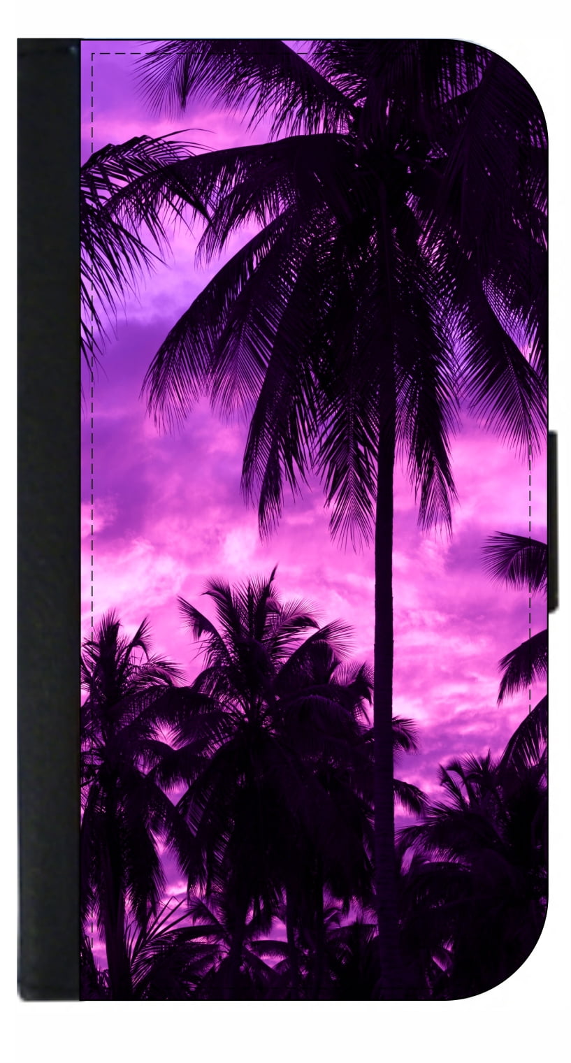 Purple Palm Tree Silhouette Oasis Sunset - Wallet Style Phone Case with
