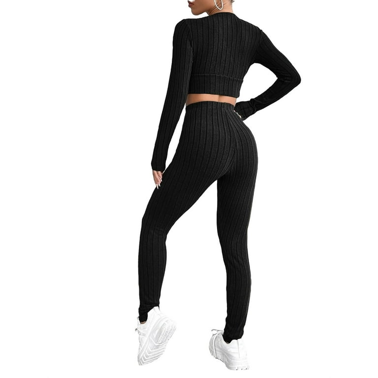 Casual Deep V Neck Long Sleeve Black Womens Crop Top & Leggings Set  (Women's) 