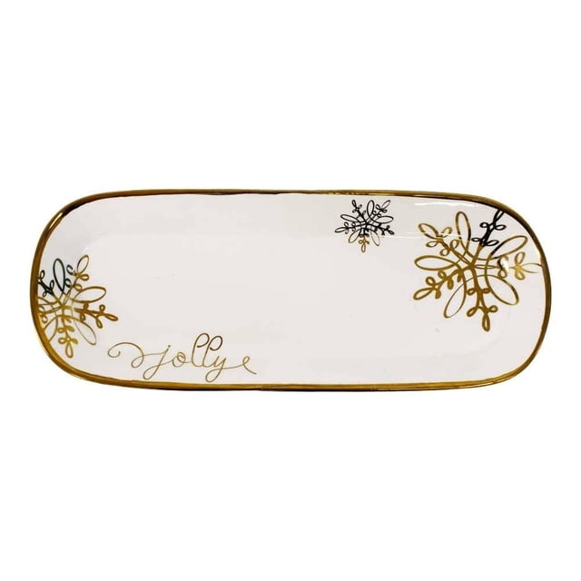 Charola Holiday Time Rectangular de Porcelana con Filos Dorados Blanco