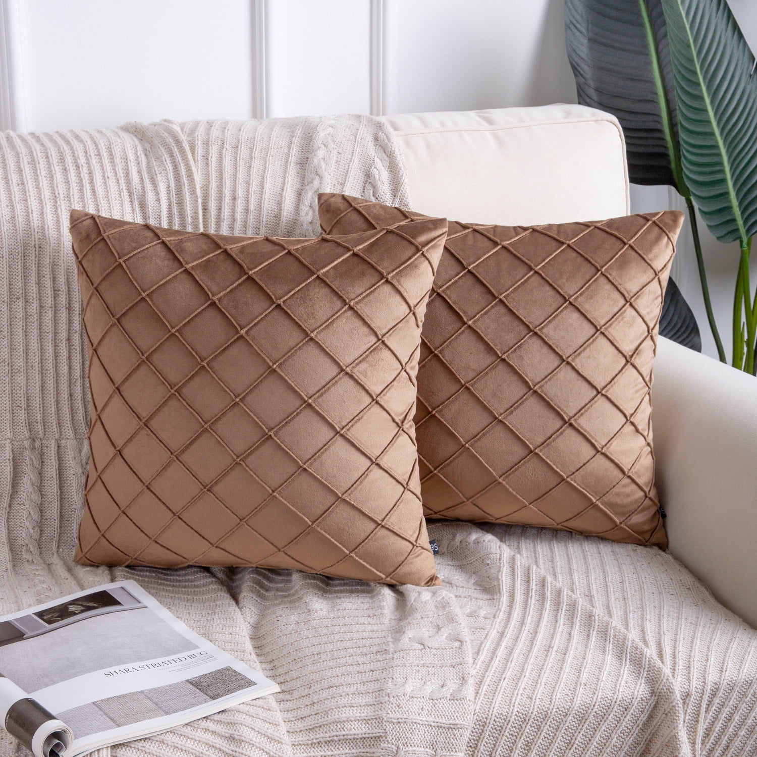 Phantoscope 18"x18" Velvet Pleated Checker Decorative Pillow, Brown