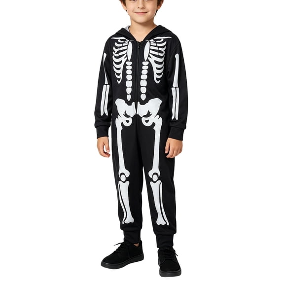 BOOMNY Halloween Unisex Boys Girls Flannel Pajamas Jumpsuit Hallowmas Skeleton Graphic Long Sleeve Hooded Pjs Jumpsuit Cozy Warm Loungewear Homewear