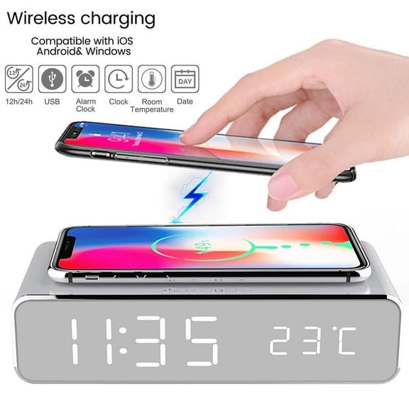 NEW 3 in 1 Wireless Charger & LED Digital Alarm Clock & Thermometer Modern Wooden Design Wireless Charging Pad Desk Clock