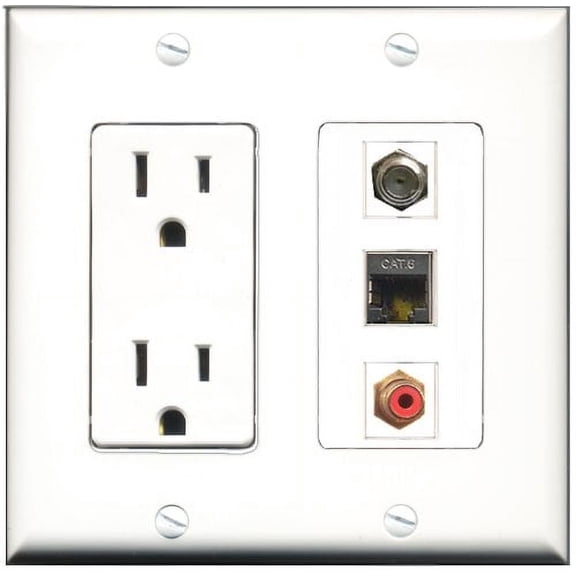 RiteAV - 15 Amp Power Outlet 1 Port RCA Red 1 Port Coax 1 Port Shielded Cat6 Ethernet Ethernet Decorative Wall Plate