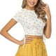 thumbnail image 4 of Camisa ajustada con cordón lateral y estampado floral con cuello redondo para mujer Camisa de color puro para verano Amarillo y blanco M, 4 of 6