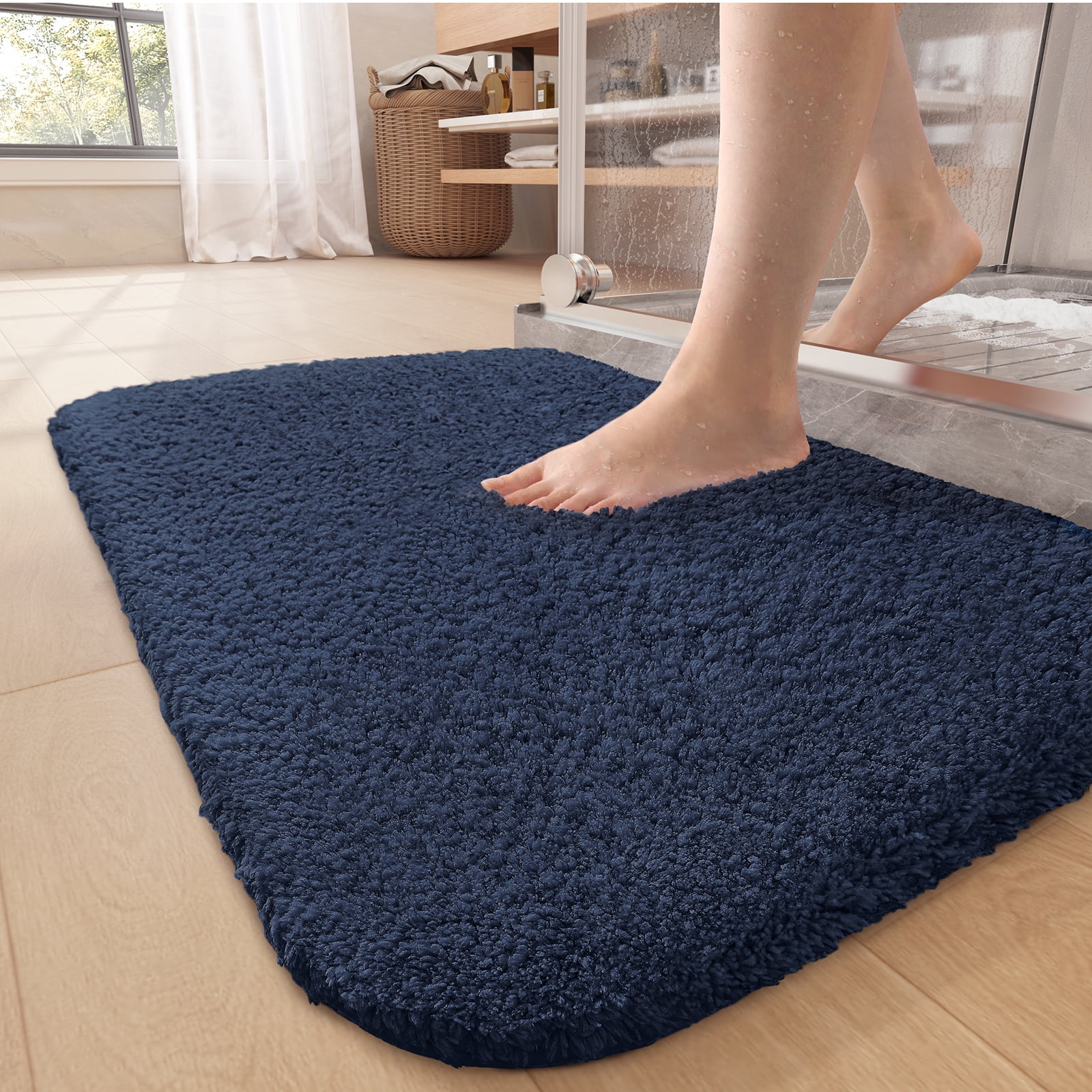 Color G Fluffy Shag Bath Rug, 17'x24' Ultra Absorbent Bathroom Rugs w/1.2' Microfiber for Bathroom Floor, Machine Washable Non Slip Bath Mats, Navy