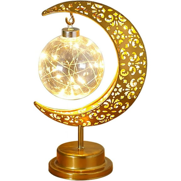 Wekity Vintage Moon Star Table Lamp, Metal Frame Ramadan Desk Lamp Battery Powered Mosaic Crescent Bohemian Handmade Bedside Light for Living Room, Bedroom